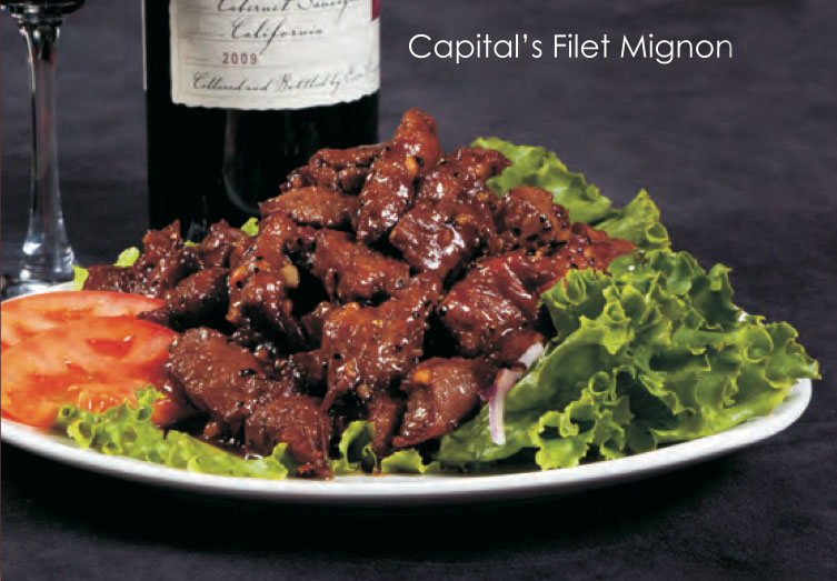 Filet Mignon cubes boldly spiced in black pepper cooked with garlic butter
